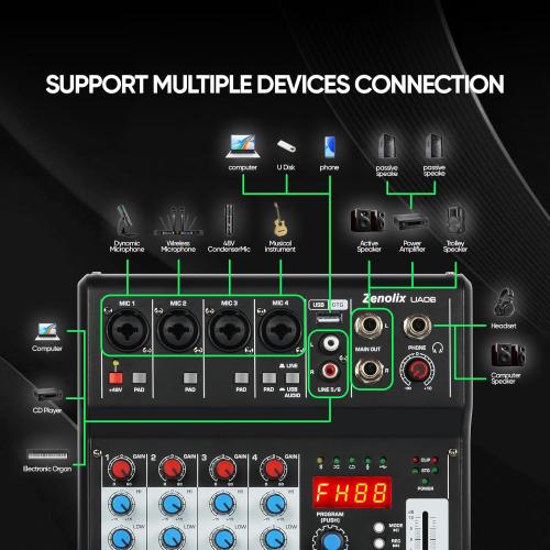 6 Channel Audio Mixer, Sound Board Mixing Console Audio Interface Digital USB Bluetooth Reverb Effect, Input 48V Phantom Power Stereo DJ Studio Mixer for PC Recording FX 16-Bit DSP Processor