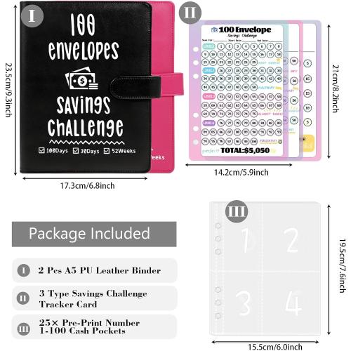 2 Pack 100 Envelopes Money Saving Challenge, Cash Budget Planner A5 Binder