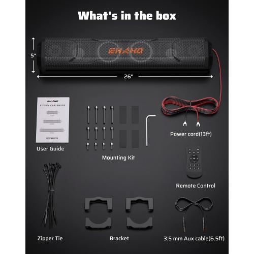 Ehaho 26'' UTV Sound Bar, Golf Cart Speaker Bluetooth with RGB Party Lights | 6-Speaker SXS SoundBar, IP66 Waterproof ATV Speaker System with EQ, Party Mode, RF Remote, AUX for Polaris RZR CFmoto Can-Am