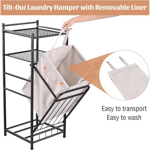 PLKOW Tilt Out Laundry Hamper with Shelf, Laundry Basket Laundry Hamper Cabinet with Removable Liner Bag, 65 Liter, 15.8L x 15.8W x 40H Inch