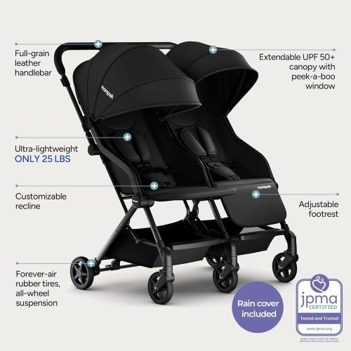 Mompush Lithe Double Stroller for Infant and Toddler, Lightweight Side by Side Twin Stroller, Only 25 lbs, 30-Inch Slim Fit Through Doorways, One-Step Fold, Independent Recline, UPF 50  Canopy