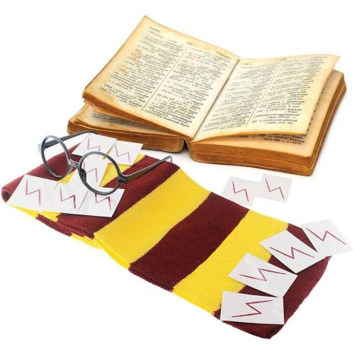 HLenyoy Novelty Scarf Wizard Glasses with Round Frame No Lenses 12 PCs Lightning Bolt Tattoos for Kids Christmas Birthday Party Cosplay Costume Accessories