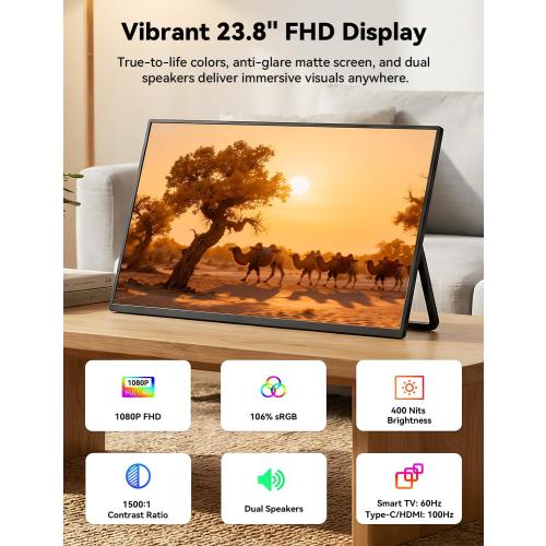 HotYeah Portable Smart TV, 23.8 1080P 2-in-1 Rolling TV & Monitor | EDLA-Certified, w/Built-in 10000mAh Battery, Support Voice Control, USB-C & HDMI, 180° Adjustable Kickstand