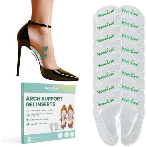 Arch Support Inserts Flat Feet - Welnove 8-Pair Gel Arch Support Insoles for Plantar Fasciitis, Foot Pain Fatigue Relief - Soft Heel Pads Adhesive Fit Most Shoes, Men Women, 0.47 Height