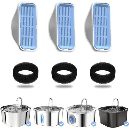 PEKTACO Cat Water Fountain Filters Replacement & Pre-Filter Sponges for 3.2L/108oz Automatic Pet Fountain, Dog Water Dispenser (3 Filters 3 Sponges)