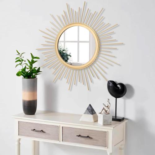 Large Gold Spoked Sunburst Wall Mirror Boho Home Decor Round Wall Art Mirror Modern Metal Mirrors for Wall Living Room Vanity Bathroom Bedroom Hallway Balcony Entryway 20