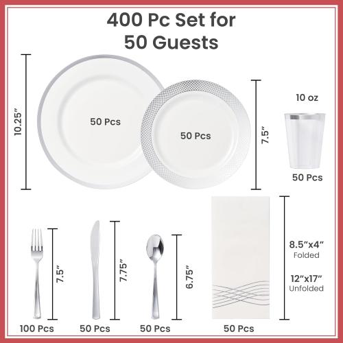 By Madee Heavyweight Elegant Disposable Dinnerware Set - Silver Fancy Plastic Dinnerware Sets with Plates, Cutlery, Napkins - Disposable Party Plates for Wedding, Baby Shower - 400 Pcs (50 Guests)