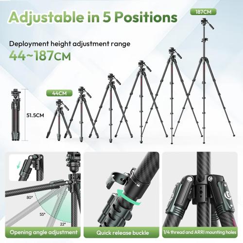 Black ULANZI JJ06 73.6 Carbon Fiber Video Tripod, Horizontal Tripod w Central Column,Handle and UKA Quick Release Plate for Cameras/DSLR/Camcorder, Dual 360° Pan Head, Weight 3.88 lbs, Maxload 39.7 lbs