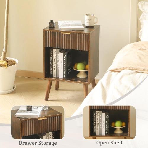 Mid Century Modern Nightstand with Charging Station, Modern Bedside Table with Fluted Drawer and Storage Shelf, End Side Tables Living Room for Bedroom, Office (Rustic Brwon)