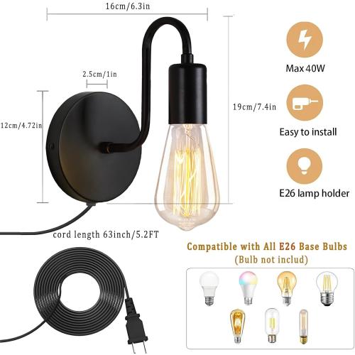 DTIEDY Plug in Wall Sconce with On Off Switch Industrial Wall Mount Light Fixture E26 Vintage Wall Sconces with Plug in Cord Black Metal Farmhouse 1-Light Wall Lamp for Bedroom Living Room