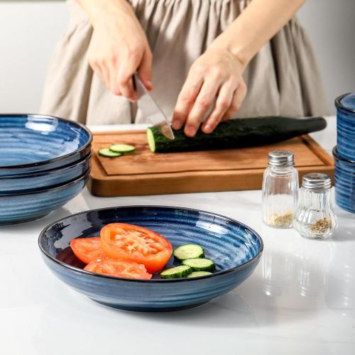 HASENSE Pasta Bowls, Ceramic Serving Bowls Set of 6 Serving Dishes for Salad, Pasta, Soup, Fruit - Blue Dinner Plate Bowls for Home Gift, Dishwasher & Microwave Safe