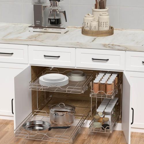 OCG 2 Tier Pull Out Cabinet Organizer (12.5 W x 21 D), Pull Out Drawers for Kitchen Cabinets, Pull Out Shelves for Base Cabinet Organization in Kitchen Bathroom Pantry, Chrome Finish