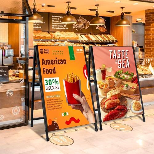 Heavy Duty A-Frame Sidewalks Signs 24×36 Inch，Sandwich Board Black Coated Steel Metal Portable Double-Sided，Slide-in Folding (24×36 Double Side （flat-pack）)