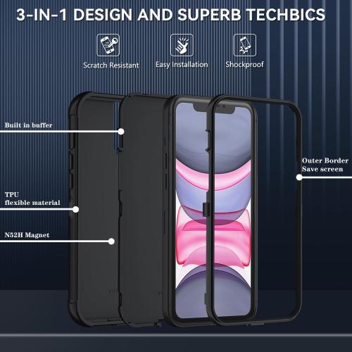 SunStory Compatible with iPhone 11 Case with HD Screen Protector, 3-Layer Heavy Duty Full-Body Cover,3 in 1 Hybrid Protective Case for iPhone 11 6.1,Black