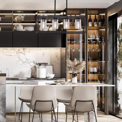 XILICON Black Dining Room Chandeliers Lighting Fixture Linear Pendant Modern 4-Light with Glass Shades Vintage Farmhouse Ceiling Light Hanging for Kitchen Island Cafe Bar