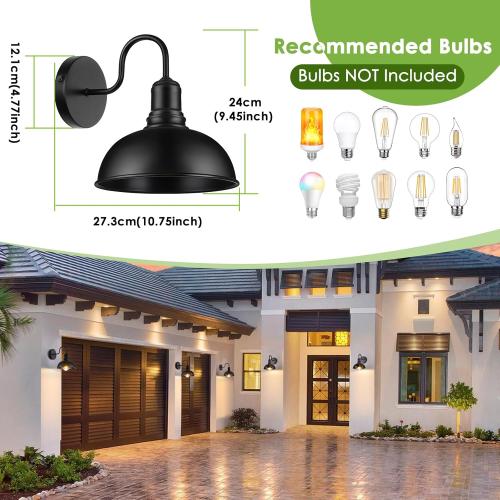 Outdoor Wall Sconce, 2 Pack Exterior Waterproof Farmhouse Gooseneck Barn Light Fixture, Black Garage Wall Lantern, Anti-Rust Front Porch Lamp