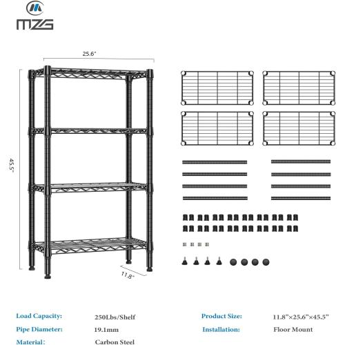 1000 lbs 4 Tier Shelf Metal Storage Shelves Wire Rack Closet Organizers for Garage Kitchen Bathroom Laundry Black 11.8 D x 25.6 W x 45.5 H
