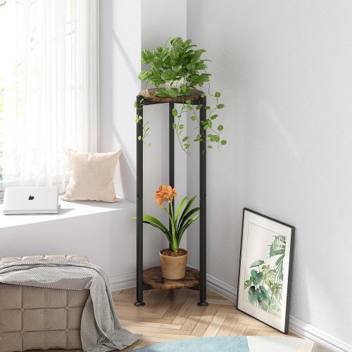 Plant Stand Indoor Corner Tall 2 Tier Metal Modern Flower Storage Plant Shelf Holder for Living Room Balcony Garden,Black (2 Tier-Black Round)