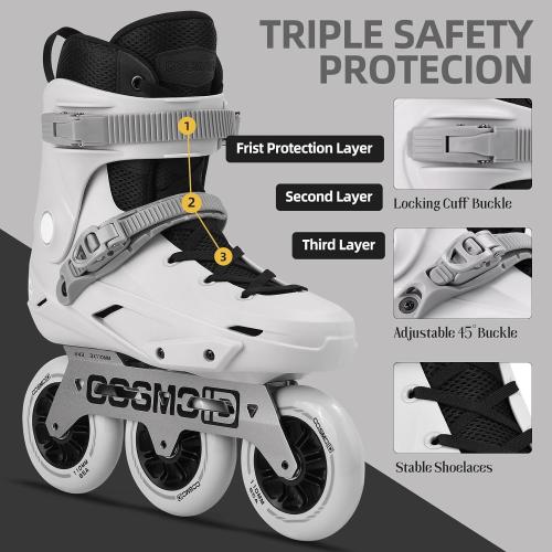 TT3 Adult Size 8-9 Inline Skate - COSMOID High Performance Roller Skates Blades for Women & Men, 3 Wheels 110mm Metal Frame,Indoor Outdoor and Fitness Grey, Size 5-13