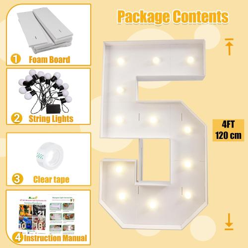 4FT Marquee Numbers, Warm White Light Up Number 5 with Display Board, Balloon Kit Decorations, DIY Pre-Cut Frames for Party, 5th Birthday, Anniversary Decor,15th, 35th,50th Milestones