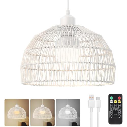 Size 9.6 Color White Battery Operated Boho Pendant Light Fixture, Iron Pendant Farmhouse Coastal with Rechargeable Light Bulb, Farmhouse Hemp Rope Pendant Light for Bedroom, Non-Hardwired Detachable（9.6inch）