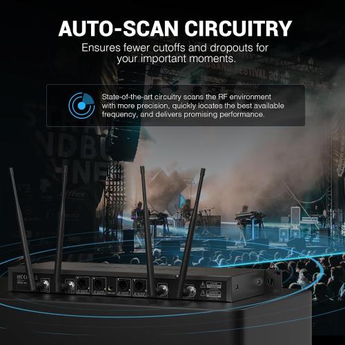 Phenyx Pro 4-Channel Wireless Microphone System w/Auto Scan, 4x40 UHF Frequencies, 2 Handheld Dynamic Mics, 2 Bodypacks & Headsets/Lapel Microphones for Singing, DJ, Church (PTU-7000-2H2B)