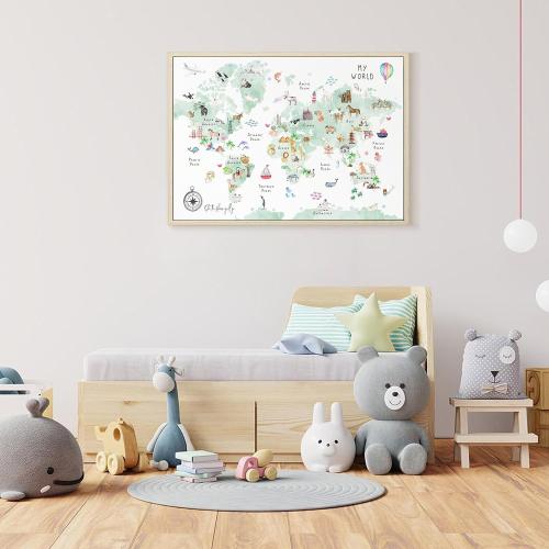 Green Kids World Map Wall Art Animal Map Canvas Art Nursery Wall Decor World Map Poster Childrens Room Decor Playroom Prints Educational Artwork 16x24 Inch framed