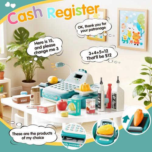 49Pcs Cash Register Toy Set for Kids, Pretend Play Grocery Store Cashier Playset with Conveyor Belt, Scanner, Weighing Scale, Calculator & Microphone, Toys Gift for Toddlers Ages 3-8 (Green)