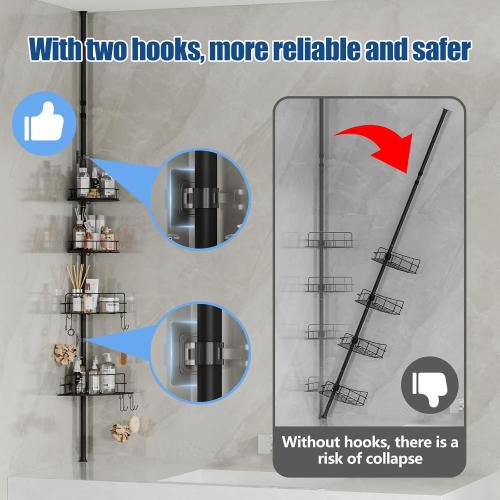 HOUSE AGAIN Corner Shower Caddy Tension Pole with Rotatable Shelves, 4 Ties Adjustable Shelves and 2 Hooks for Bathroom, Rustproof Shower Organizer and Storage, Pole Fit 43-114 Inch Height