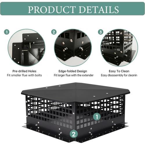 Chimney Cap, Chimney Cover Fireplace Chimney Flue Caps, Adjustable Metal Strips with Bolts Screws Black