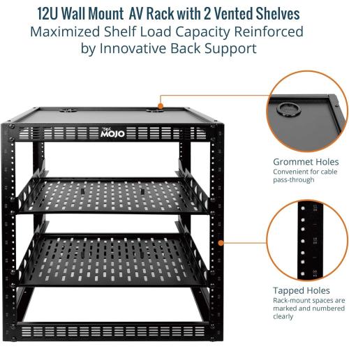 Tecmojo 12U Open Frame Network Rack for IT & AV Gear, AV Rack Floor Standing or Wall Mounted,with 2 PCS 1U Rack Shelves & Mounting Hardware,Network Rack for 19 Networking,Audio and Video Device