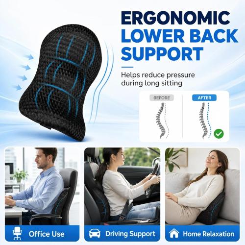 Lumbar Support Pillow - Memory Foam Back Cushion for Chair