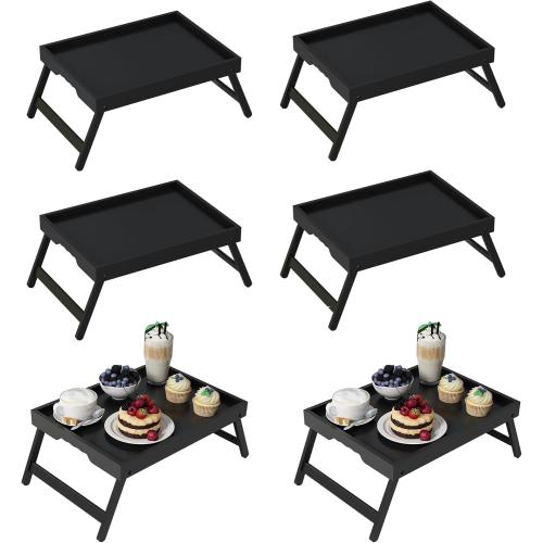 Bed Tray Table with Folding Legs, Bamboo Breakfast in Bed for Kitchen Serving Tray, Sofa, Eating, Used As Laptop Desk Snack Tray (6 Pack, Black Color)