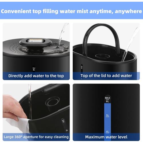 6L Humidifiers for Bedroom Large Room Home,Cool and Warm Humidifier for Baby and Plants Hot Mist Top Fill Desk Humidifiers Oil Diffuser,Quiet,Adjustable Mist,360°Nozzle-Black(2026 Upgraded)