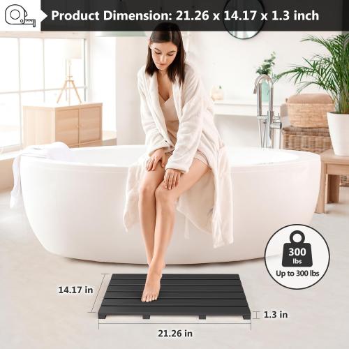 Domax Wooden Bamboo Bath Shower Mat- Non-Slip Waterproof Large Bathroom Floor Mat for Indoor Outdoor (Black, 21.26 x 14.17 x 1.3 Inches)