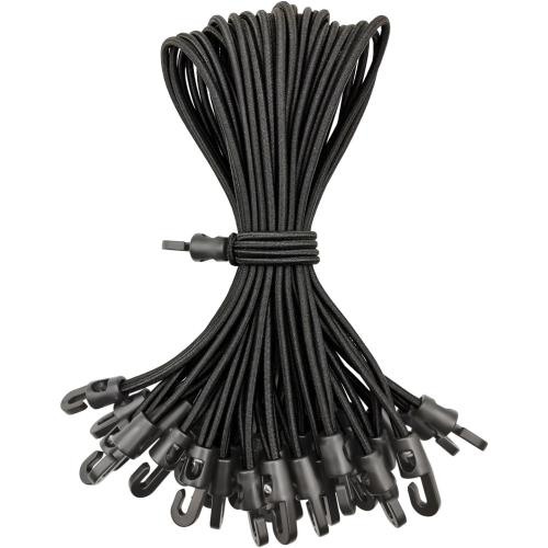Small Black Bungee Cords with Hooks, 25 Pcs, 10 Inch, Latex Rubber, Heavy Duty, Sunproof, Waterproof, Elastic, Suitable for Tarpaulins, Tents, Canopy and Fixings
