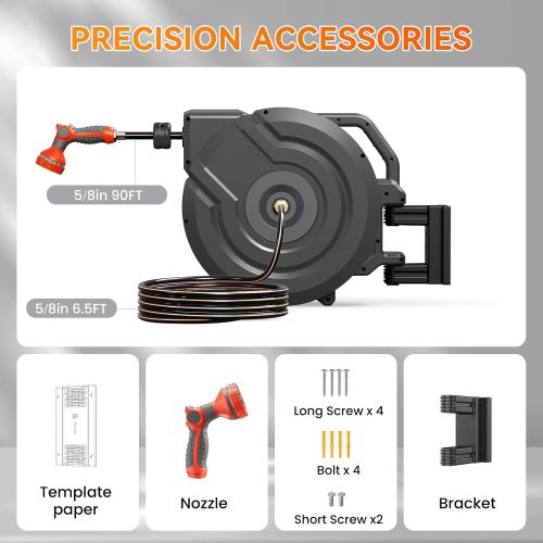 NEOTEC Retractable Garden Hose Reel 5/8 inch x 90ft - Wall Mounted Heavy Duty Hose Reel with 3/4 Inch Brass Fittings & 9-Pattern Nozzle - Auto Rewind System, Any Length Lock, 180° Swivel Bracket