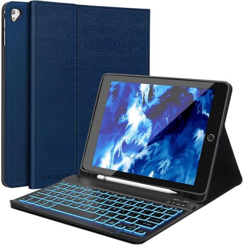 Keyboard Case for iPad 6th/5th Generation 9.7 inch, Slim Folio Smart Case with Pencil Holder for iPad Air 2, Rechargeable, Detachable Wireless Keyboard with 7 Color Backlit for iPad Pro 9.7 - Navy