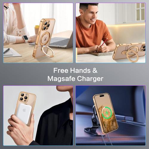 GUAGUA for iPhone 16 Pro Max Case with Stand, Magnetic Clear Cases Plating Edge Invisible Ring Holder Slim Shockproof Protective Kickstand Phone Case for iPhone 16 Pro Max 6.9'', Desert Titanium Gold