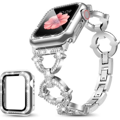 Mesime Compatible with Apple Watch Band 38mm 40mm 41mm 42mm 44mm 45mm 46mm, Women Bling Jewelry Bands with Tempered Glass Screen Protector Case, Shiny Strap for iWatch Series 11/10/9/8/7/6/5/4/3/2/1/SE