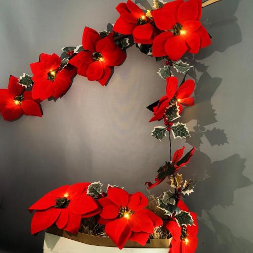 Poinsettia Christmas Flowers Decorations Garland String Lights 6.56FT 10LED Xmas Tree Artificial Ornaments with Red Berries Holly Leaves
