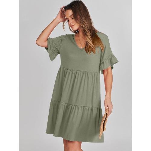 Size L ANRABESS Dresses for Women Summer 2025 V Neck Ruffle Sleeve A Line Tiered Flowy Casual Trendy Mini Beach Dress with Pockets