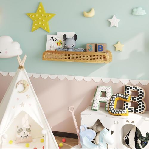 2pk Rattan Wall Shelf, Natural Boho Bookshelves for Wall, Modern Wooden Wicker Shelf, Cute Nursery Shelves, Floating Shelves for Kids Room, Living Room, Bedroom