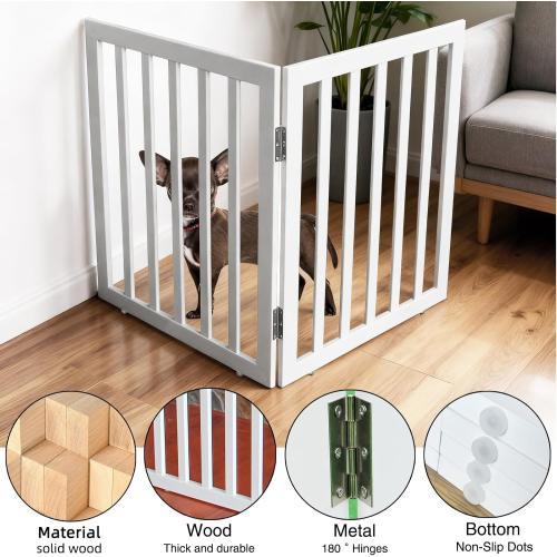 ZJSF Freestanding Indoor Dog Gate - Foldable Wood White Puppy Gate for Doorways & Stairs - 24 Height, 2 Panels