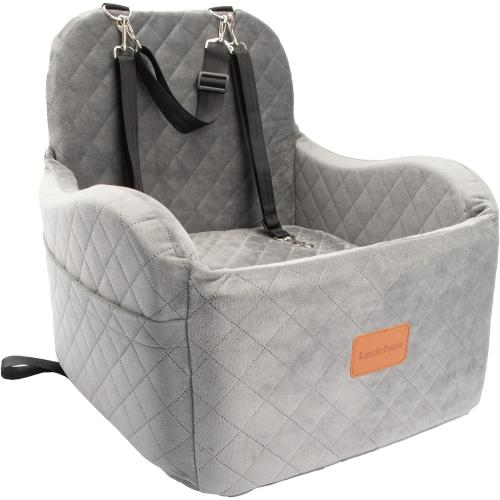 Lealchum Dog Booster Car Seat for Small/Medium Dogs Up to 35lbs,Ultra Soft Fabric Covered,6in Elevated Cushion,Fully Detachable and Washable,3 Straps & 2 Pockets,Easy to Install(Grey,Medium)