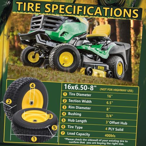 16x6.50-8 Tire and Wheel Assembly (2 Pack),Flat Free Lawn Mower Tires with Rim, Solid Rubber Riding Lawn Mower Tires and Wheels,3 Offset Hub,3/4 Bushings,16x6.5-8 Tractor Turf Tire(Yellow)