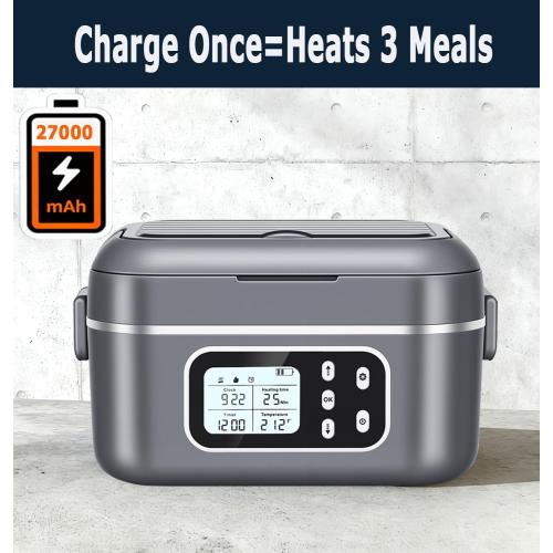 27000mAh Cordless Electric Heated Lunch Box, 100W Rechargeable Portable Food Warmer for Adults Work Travel Car - Battery-Powered & Self-Heating, 2 x 6.3 cups