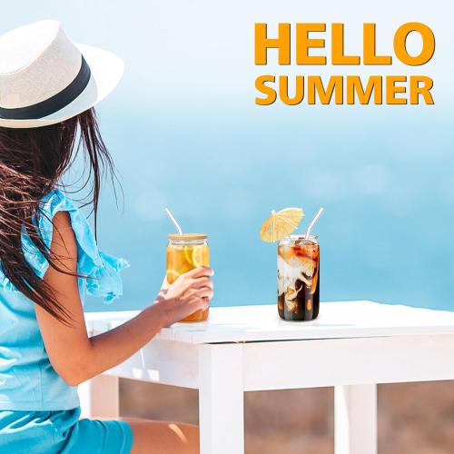 sungwoo 4PCS Glass Cups with Bamboo Lids and Straws, 16OZ Ice Coffee Cup, Drinking Cup set with Wooden Lids, Home Essential Glass Tumblers for Beer, Cocktail, Tea and Latte Clear