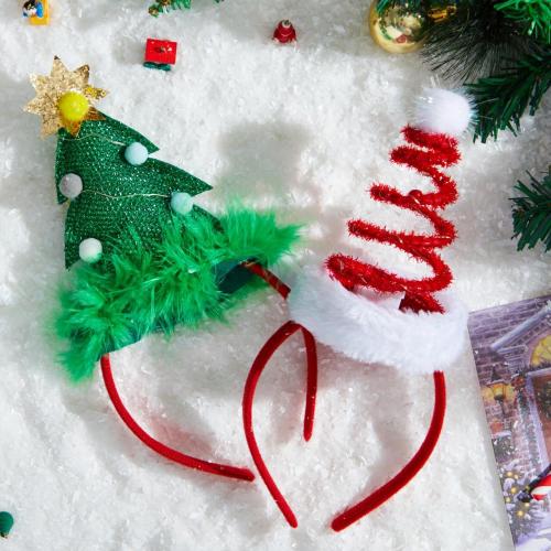 JOYIN 2 PCS Lighted Christmas Headbands with LED lights in Springy Santa Hat Tree Designs for Christmas and Holiday Parties (ONE SIZE FIT ALL)