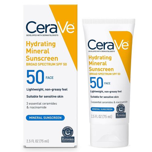 CeraVe 100% Mineral Sunscreen SPF 50, Face sunscreen With Zinc Oxide & Titanium Dioxide, Hyaluronic Acid   Niacinamide   Ceramides, Oil Free, Travel Size 2.5 oz